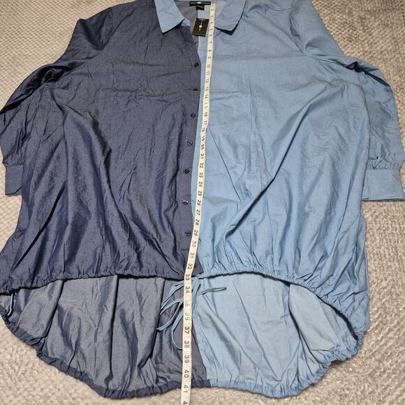 Ashley Stewart Denim Shirt Dress Women 30/32 Blue Colorblock HiLow Drawstring - Picture 4 of 7